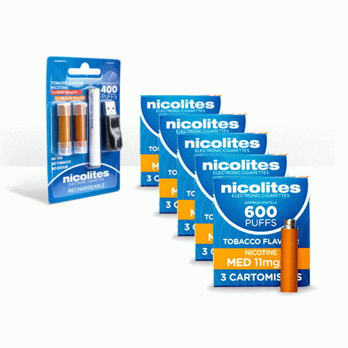 Nicolites Rechargeable Electronic Cigarette Starter Kit and Nicolites Refill Cartridges Medium Strength Tobacco Cartomisers Saver Pack
